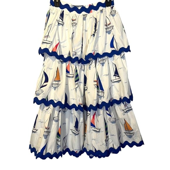 Palms Away Sailboat Print Tiered Maxi Skirt S Coastal Vacation Summer Beach - Picture 1 of 4